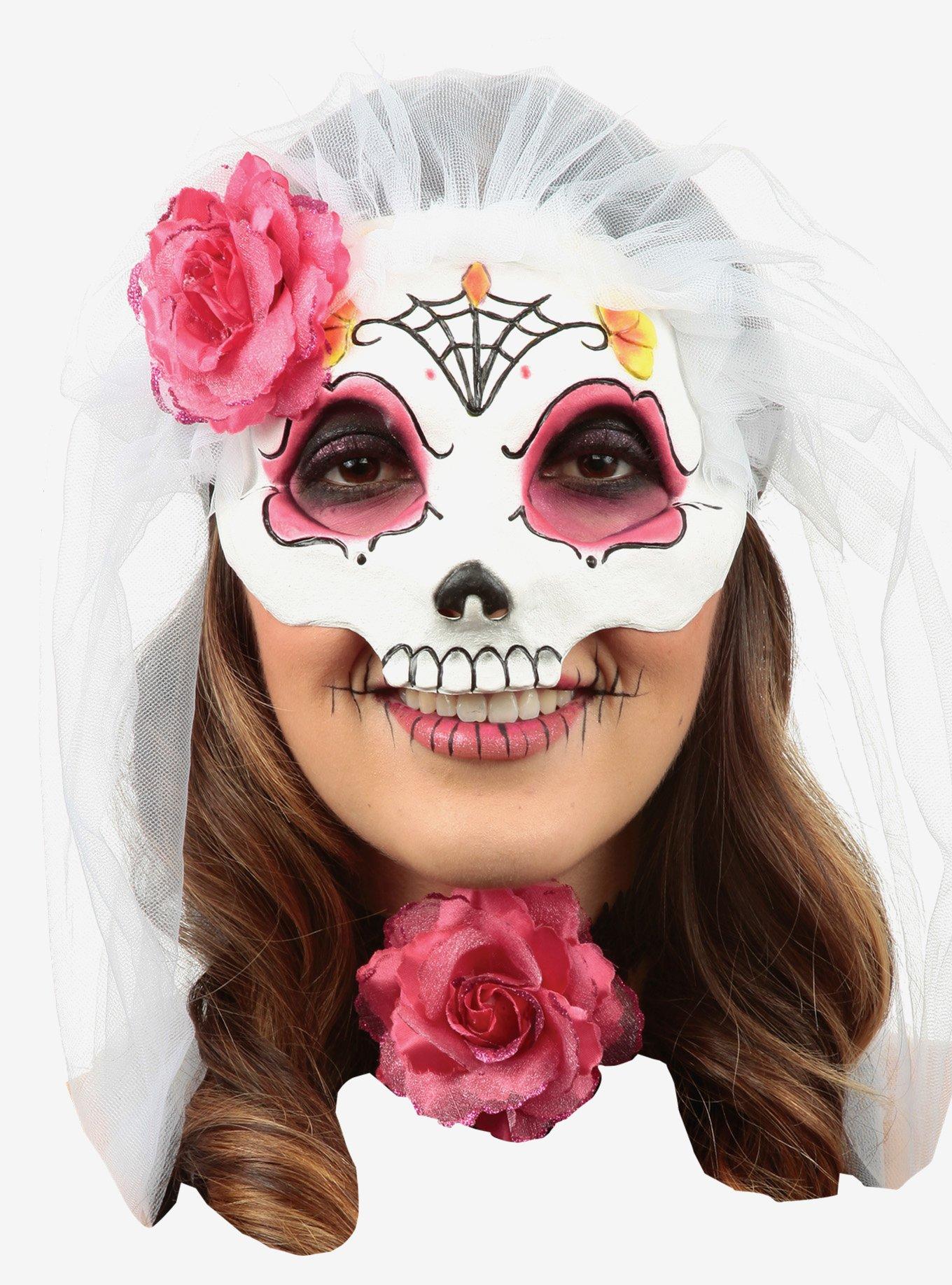 Day of the Dead Catrina Mask With Veil Pink, , hi-res