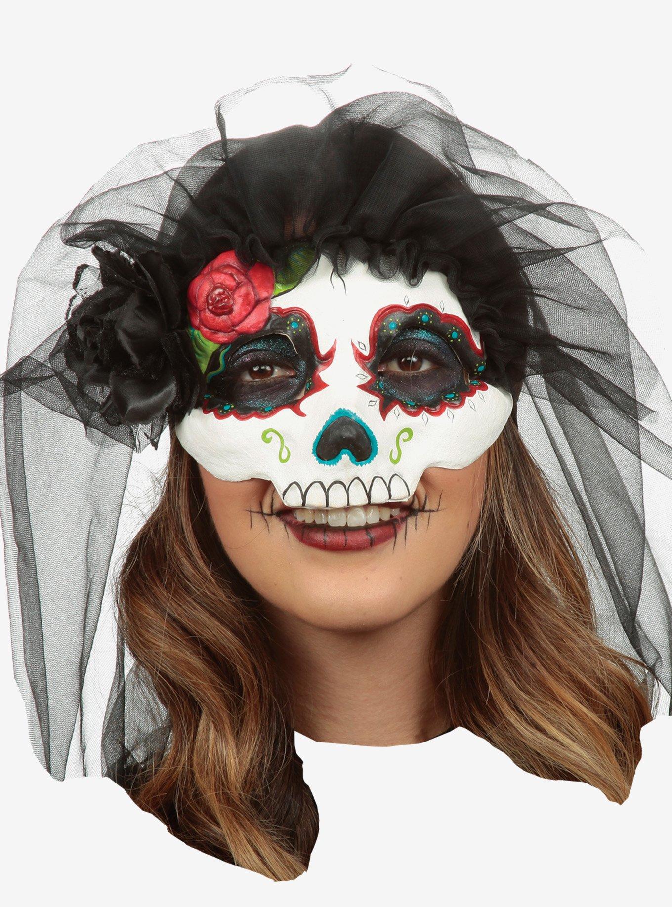 Day of the Dead Catrina Mask With Veil Black, , hi-res