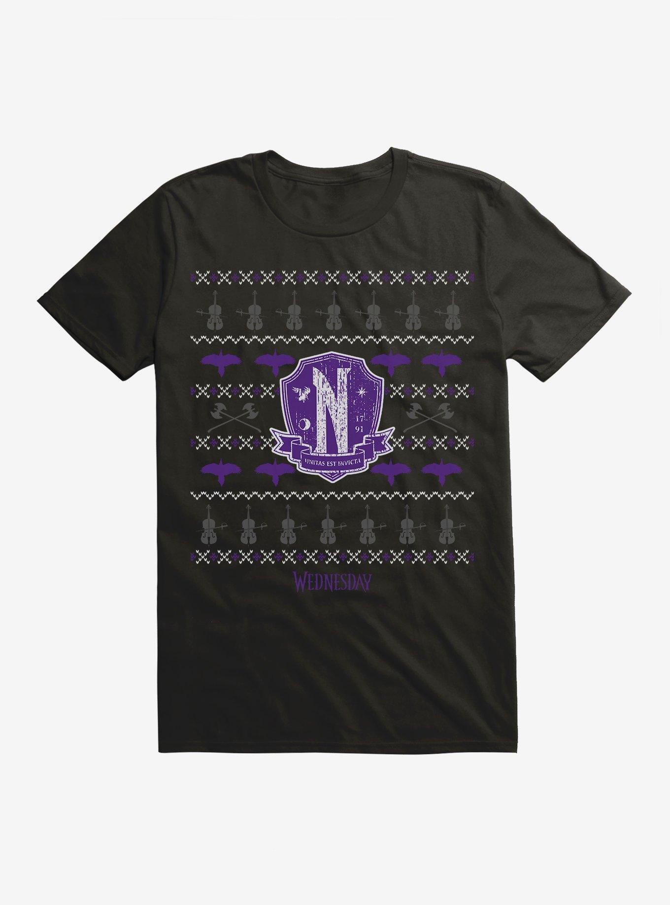 Wednesday Nevermore Christmas Sweater Pattern T-Shirt, BLACK, hi-res