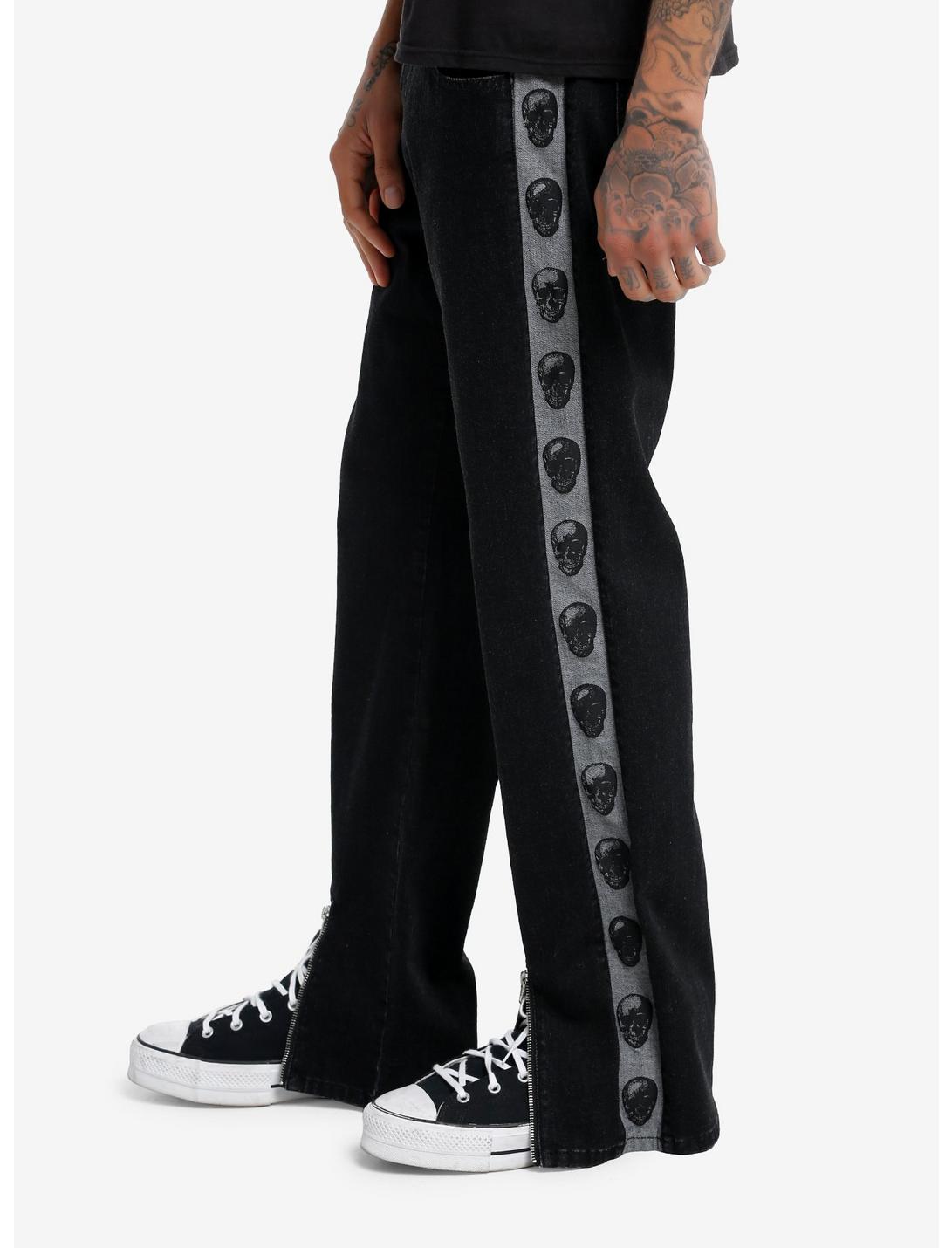 Black Skull Stripe Zipper Wide Leg Pants, GREY, hi-res