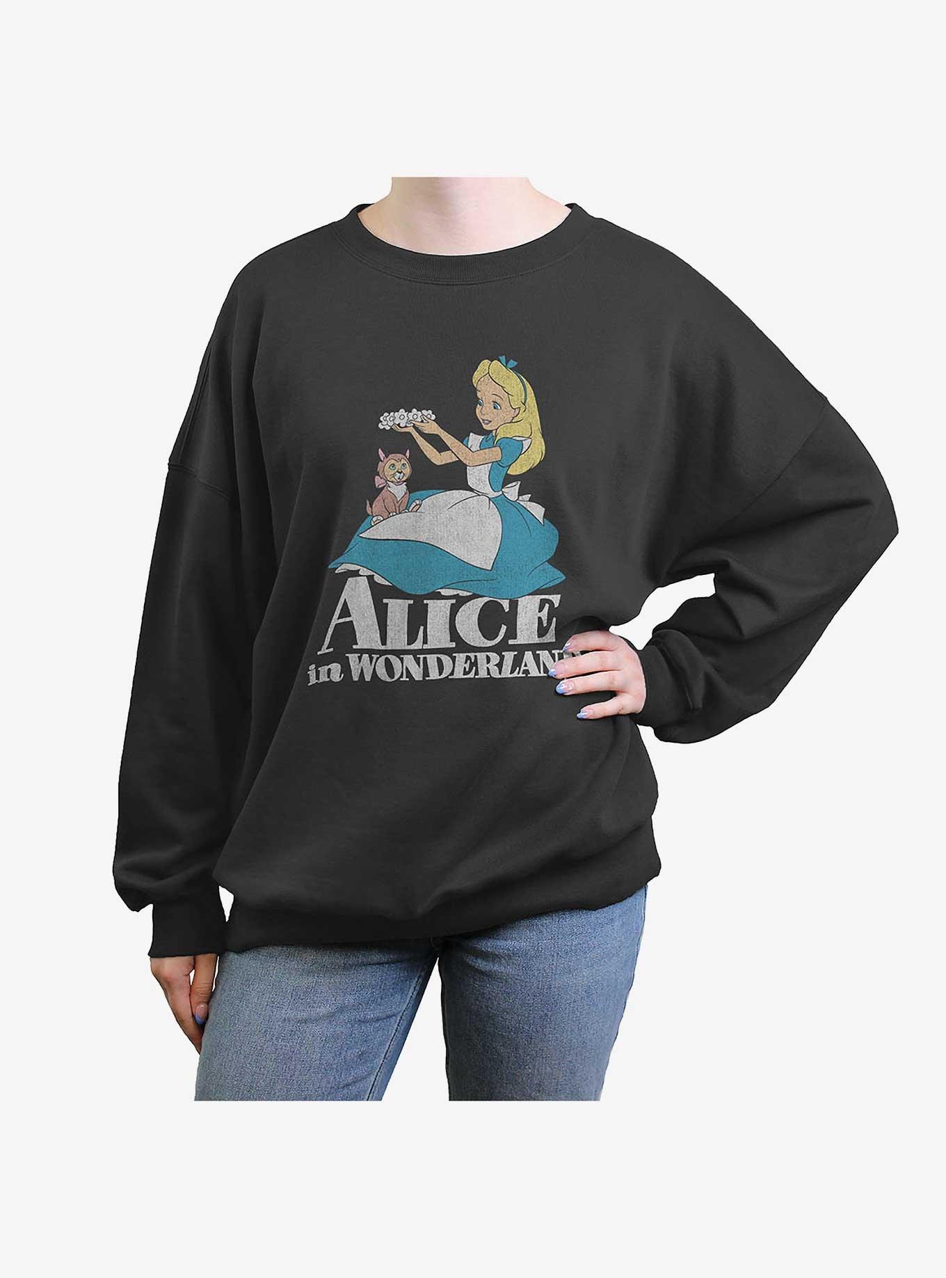 Disney Alice In Wonderland Alice And Dinah Womens Oversized Crewneck, CHARCOAL, hi-res