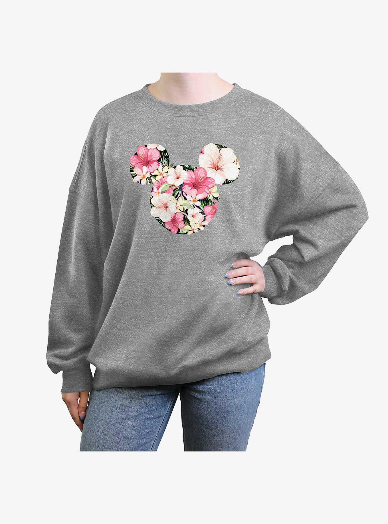 Disney Mickey Mouse Tropical Mouse Womens Oversized Crewneck, HEATHER GR, hi-res