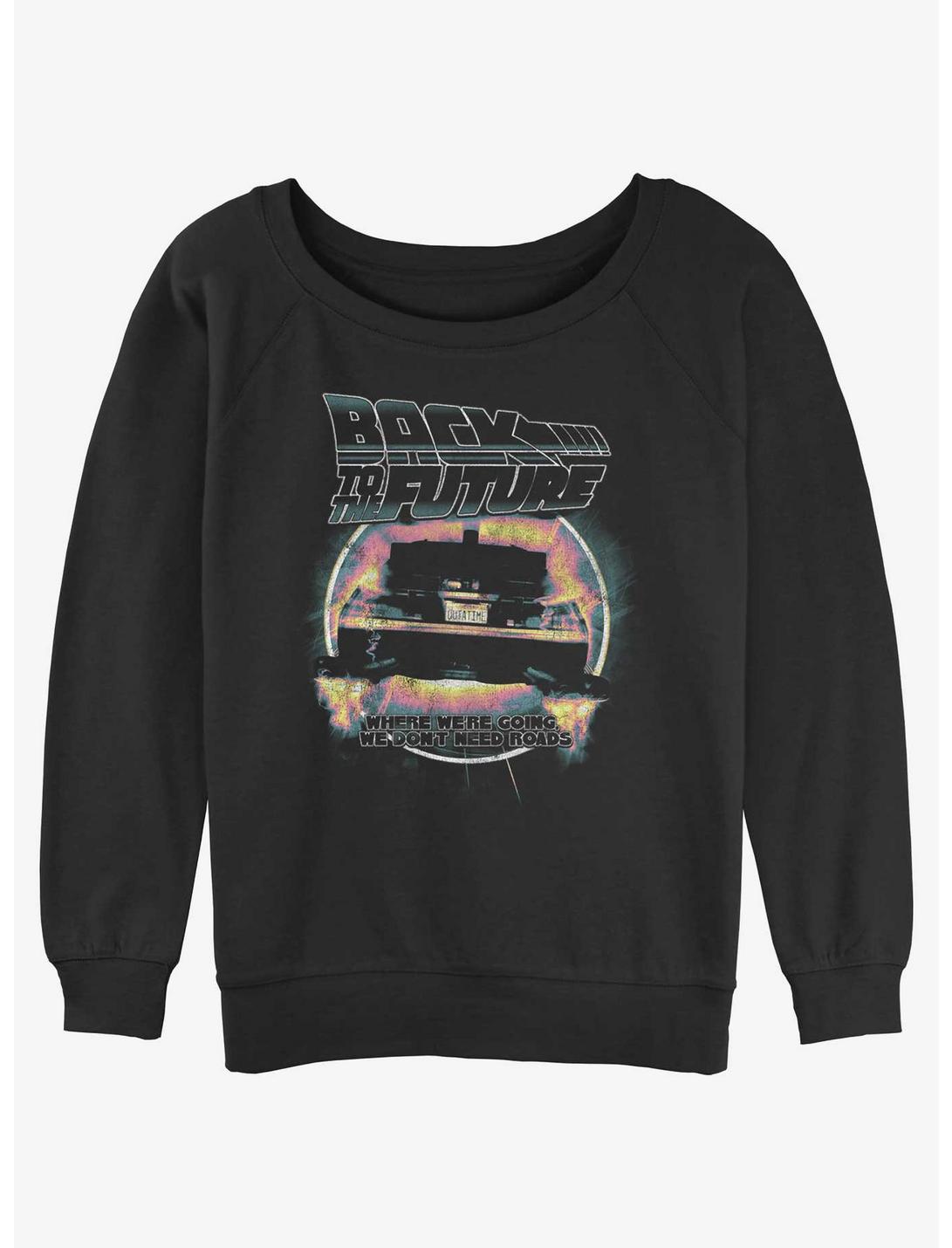 Back to the Future We Don't Need Roads Womens Slouchy Sweatshirt, BLACK, hi-res