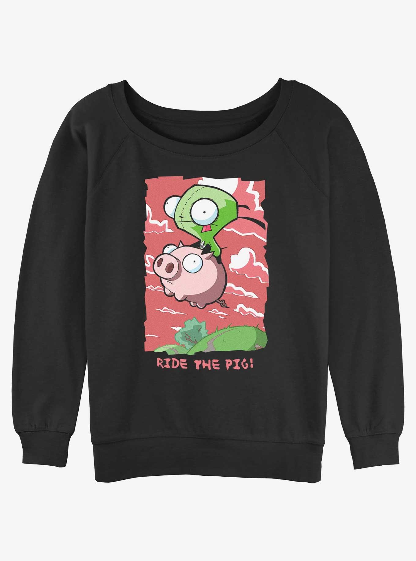 Invader ZIM GIR Ride The Pig Womens Slouchy Sweatshirt, BLACK, hi-res