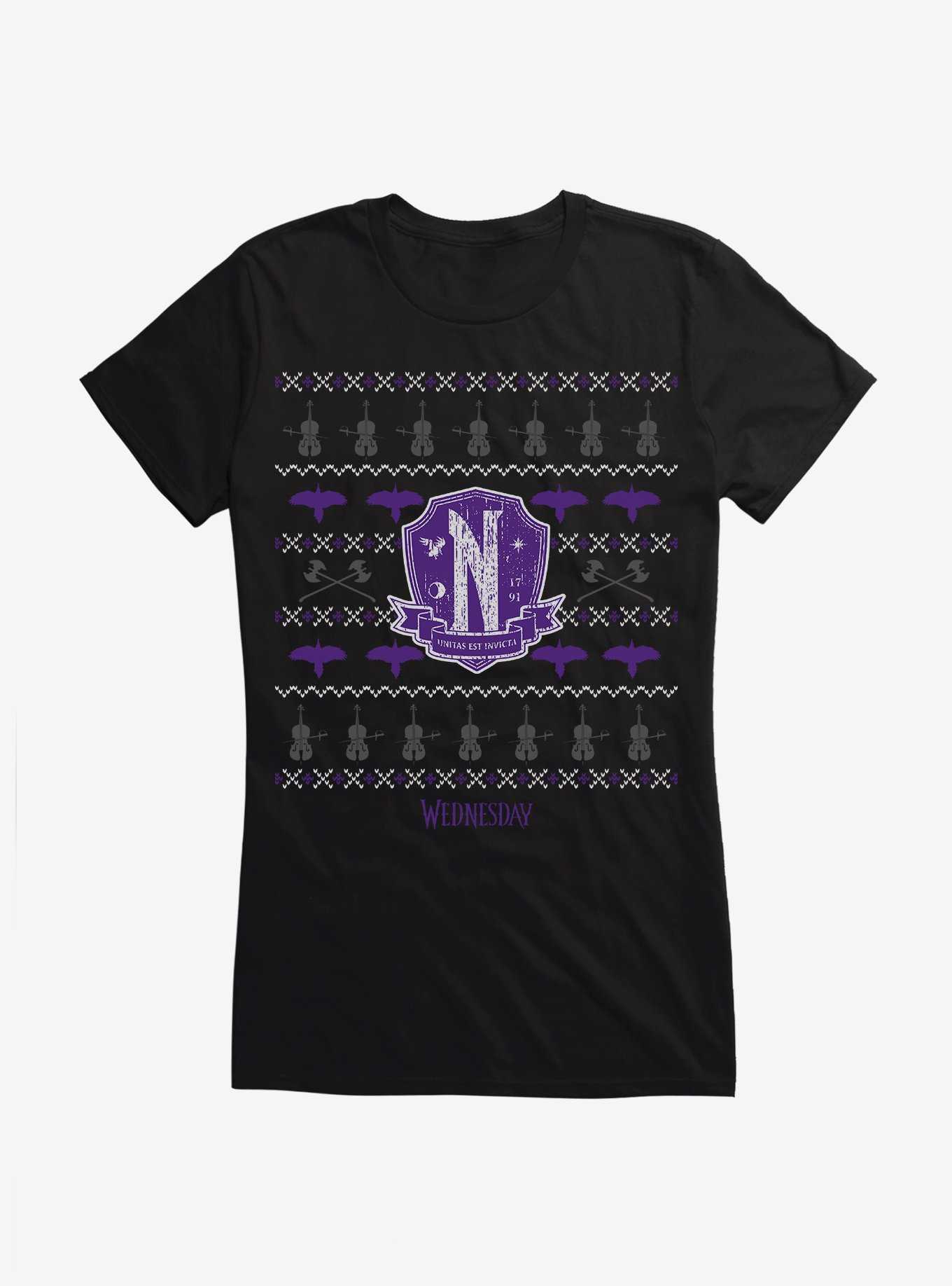 Wednesday Nevermore Christmas Sweater Pattern Girls T-Shirt, , hi-res