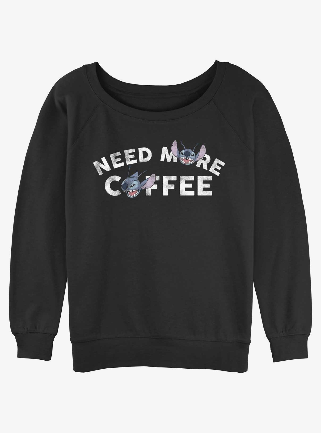 Disney Lilo & Stitch Need More Coffee Womens Slouchy Sweatshirt, BLACK, hi-res