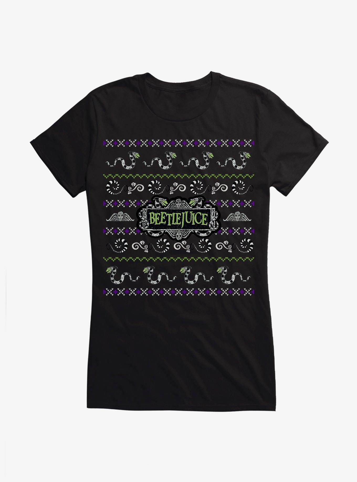 Beetlejuice Ugly Christmas Sweater Pattern Girls T-Shirt, BLACK, hi-res