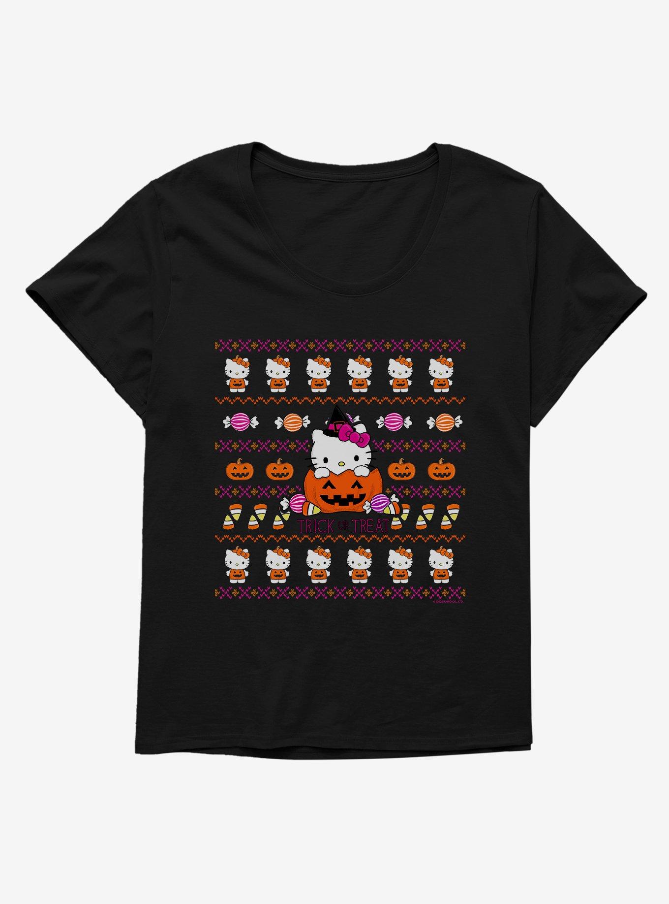 Hello Kitty Trick Or Treat Ugly Sweater Pattern Girls T-Shirt Plus Size, BLACK, hi-res