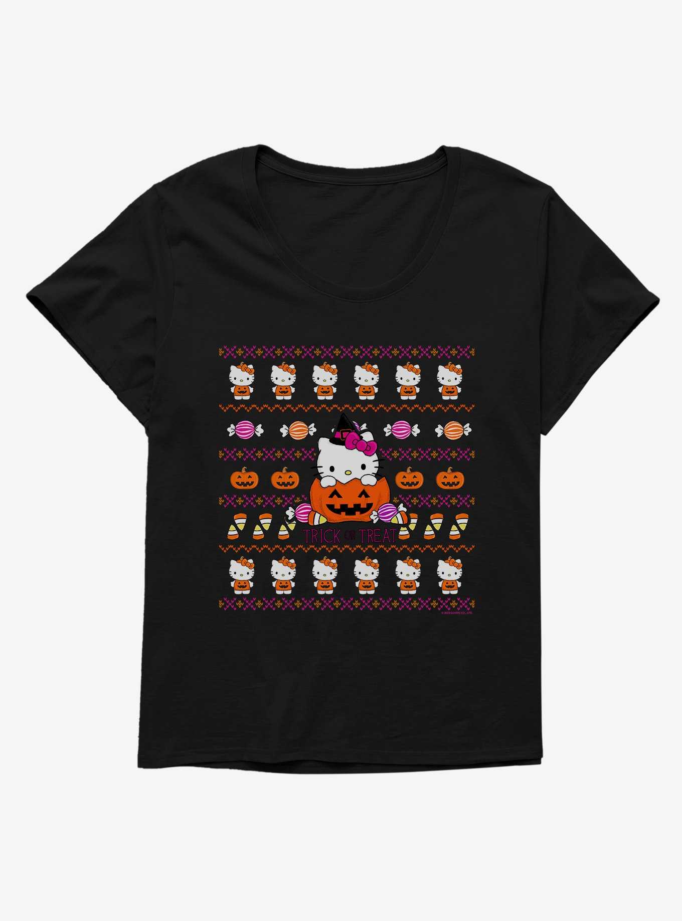 Hello Kitty Trick Or Treat Ugly Sweater Pattern Girls T-Shirt Plus Size, , hi-res