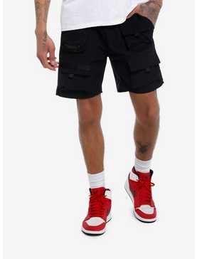 Black Zipper Cargo Nylon Shorts, , hi-res