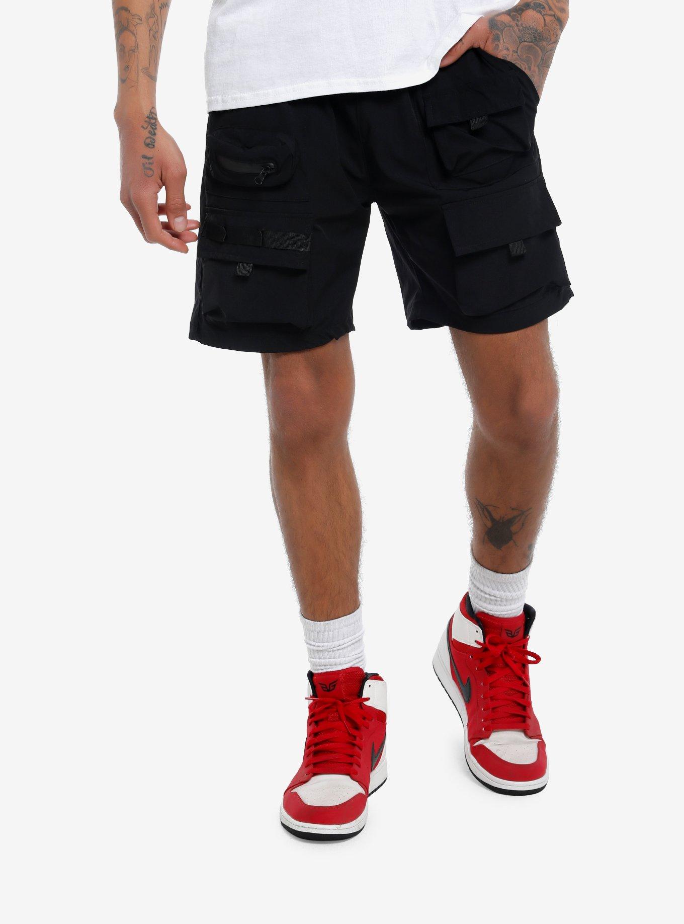 Black Zipper Cargo Nylon Shorts, BLACK, hi-res