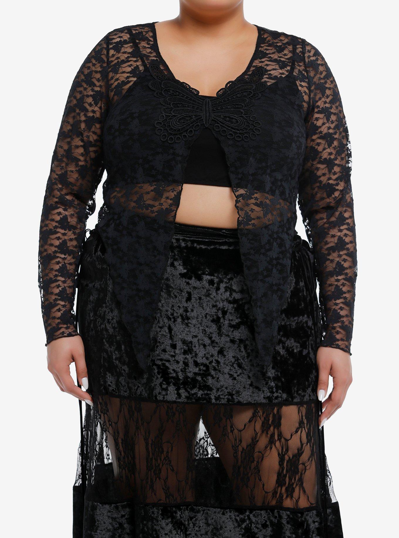 Cosmic Aura Butterfly Mesh Front Slit Girls Long-Sleeve Top Plus Size, BLACK, hi-res