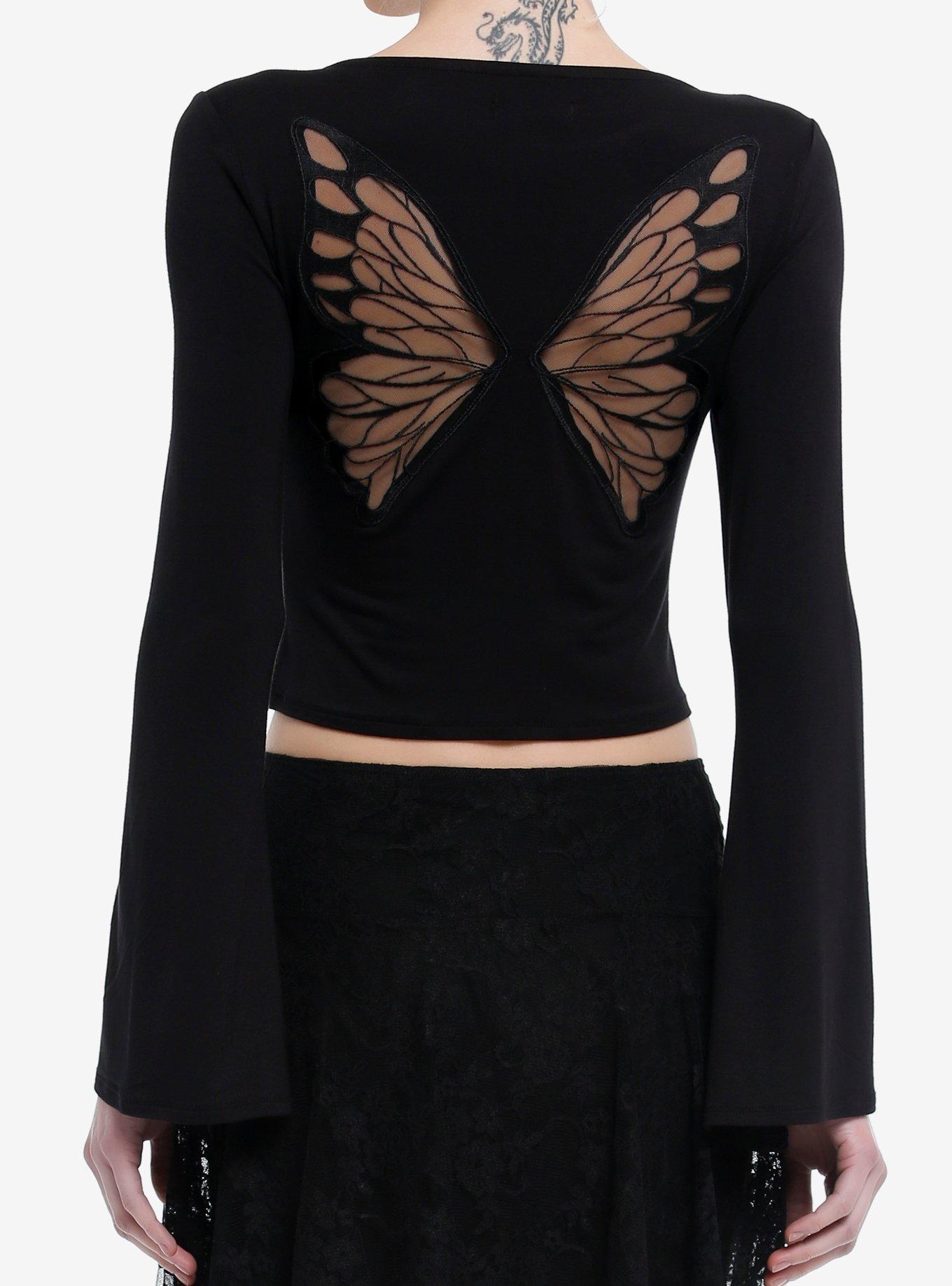 Cosmic Aura Butterfly Girls Crop Bell Sleeve Top, BLACK, hi-res