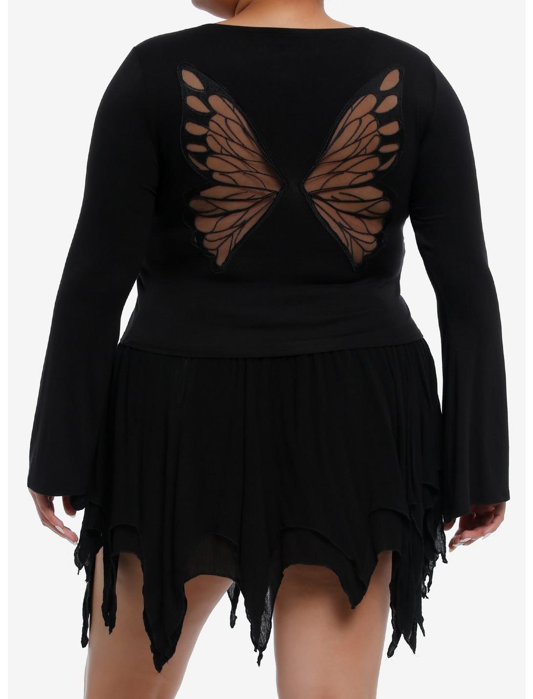 Cosmic Aura Butterfly Girls Crop Bell Sleeve Top Plus Size, BLACK, hi-res