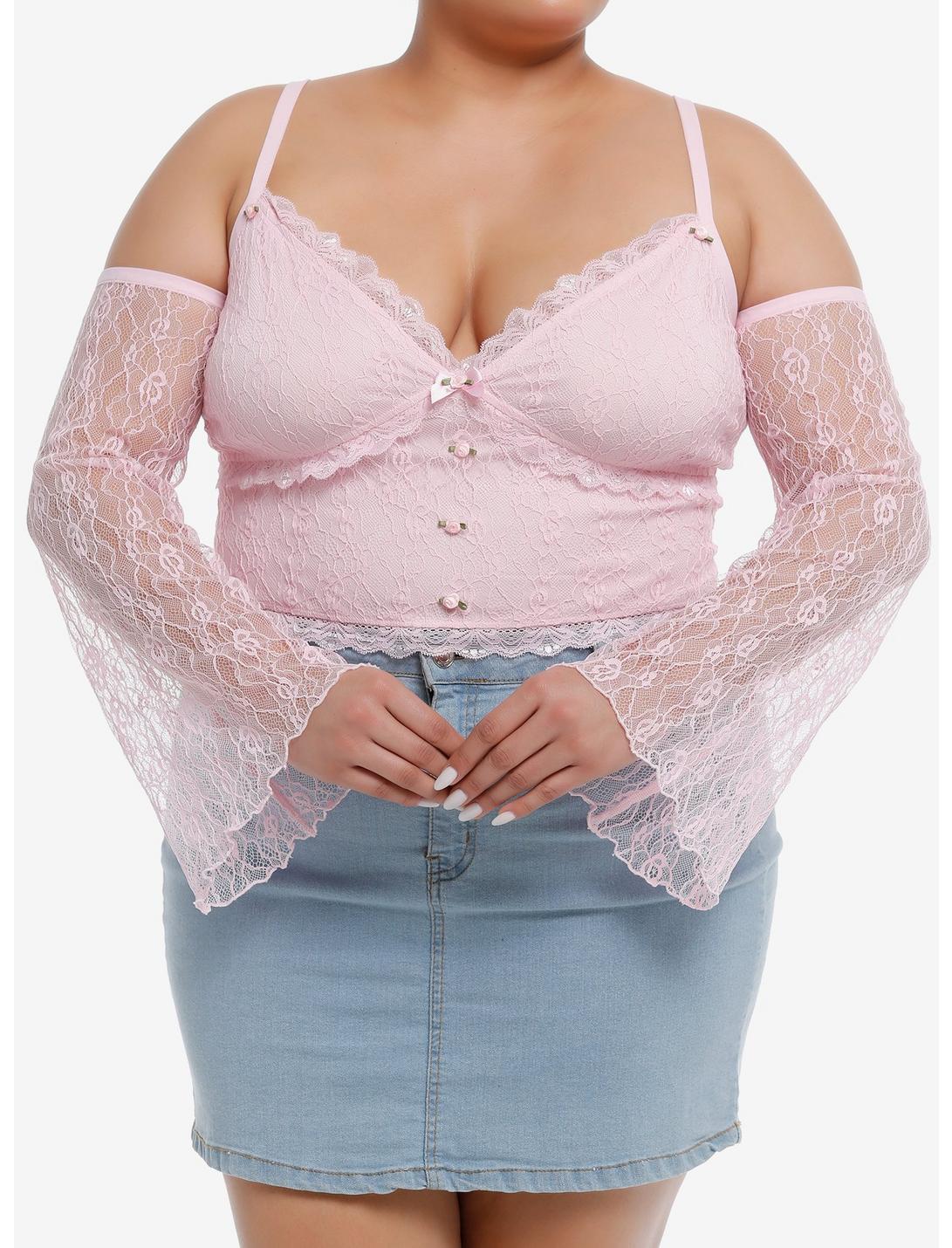 Sweet Society Pink Ruched Lace Girls Cold Shoulder Long-Sleeve Top Plus Size, PINK, hi-res
