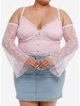 Sweet Society Pink Ruched Lace Girls Cold Shoulder Long-Sleeve Top Plus Size, PINK, hi-res