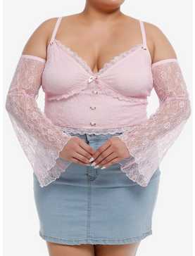 Sweet Society Pink Ruched Lace Girls Cold Shoulder Long-Sleeve Top Plus Size, , hi-res