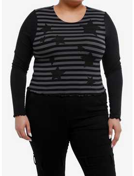 Social Collision® Black & Grey Stripe Star Girls Crop Long-Sleeve Top Plus Size, , hi-res