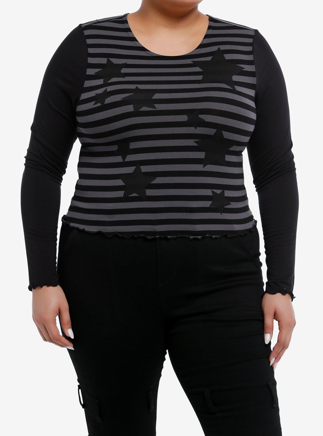 Social Collision® Black & Grey Stripe Star Girls Crop Long-Sleeve Top Plus Size, GREY, hi-res