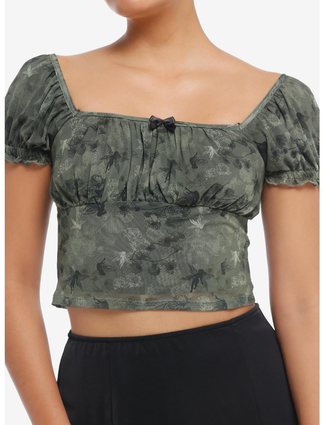 Thorn & Fable Olive Green Fairy Mesh Girls Crop Top, BLACK, hi-res