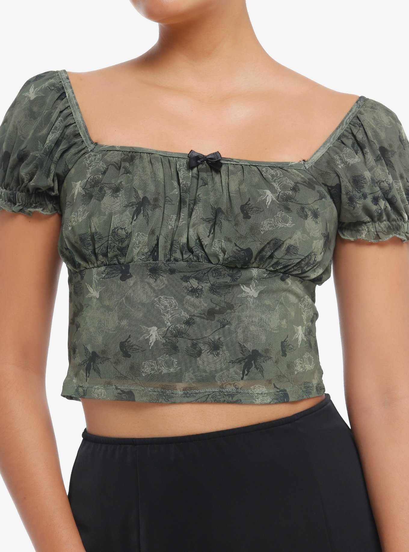 Thorn & Fable Olive Green Fairy Mesh Girls Crop Top, , hi-res