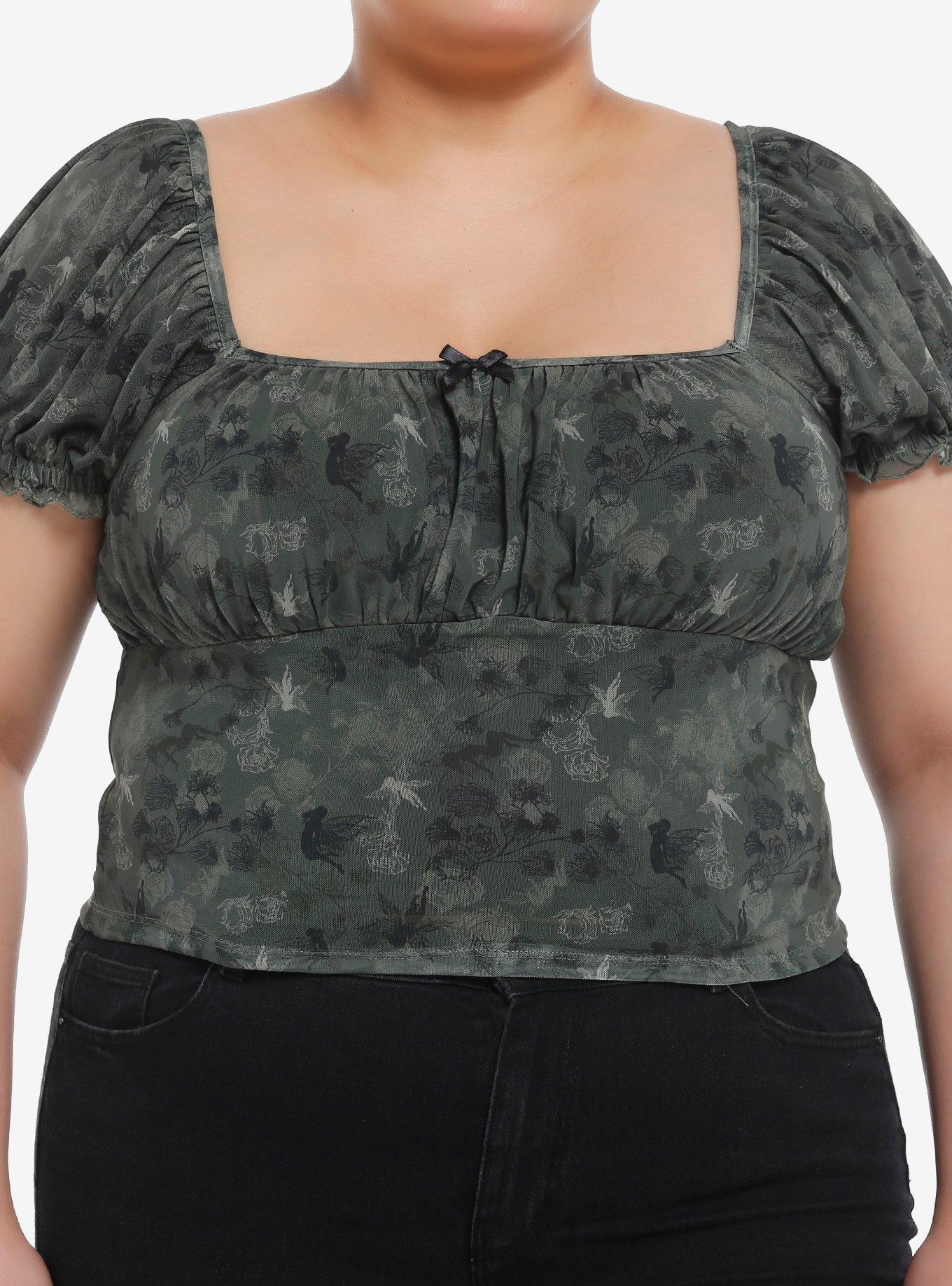 Thorn & Fable Olive Green Fairy Mesh Girls Crop Top Plus Size, BLACK, hi-res