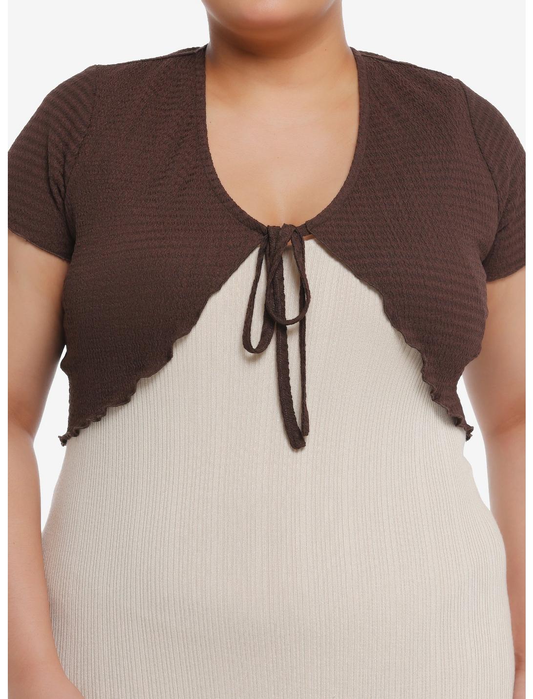 Thorn & Fable Brown Textured Girls Crop Shrug Plus Size, BROWN, hi-res