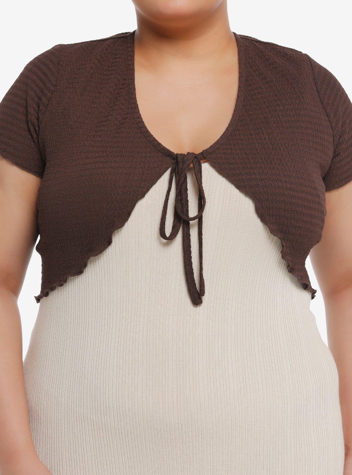 Thorn & Fable Brown Textured Girls Crop Shrug Plus Size, , hi-res