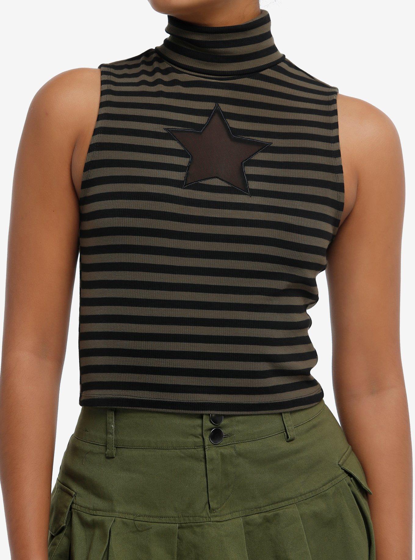 Social Collision® Black & Green Stripe Star Girls Turtleneck Tank Top, BLACK, hi-res