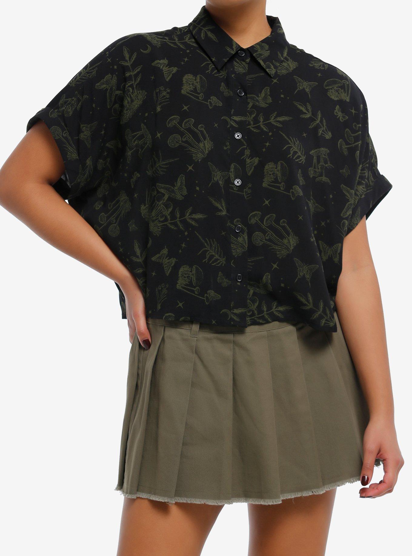 Cosmic Aura Black & Green Mushroom Girls Crop Woven Button-Up, GREEN, hi-res