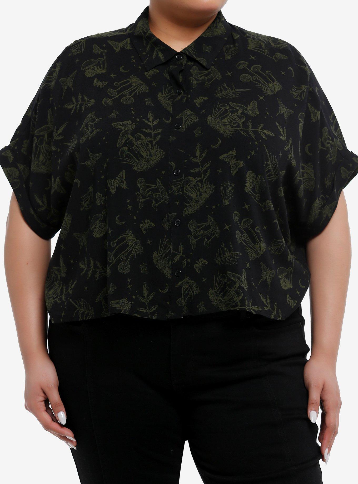 Cosmic Aura Black & Green Mushroom Girls Crop Woven Button-Up Plus Size, GREEN, hi-res