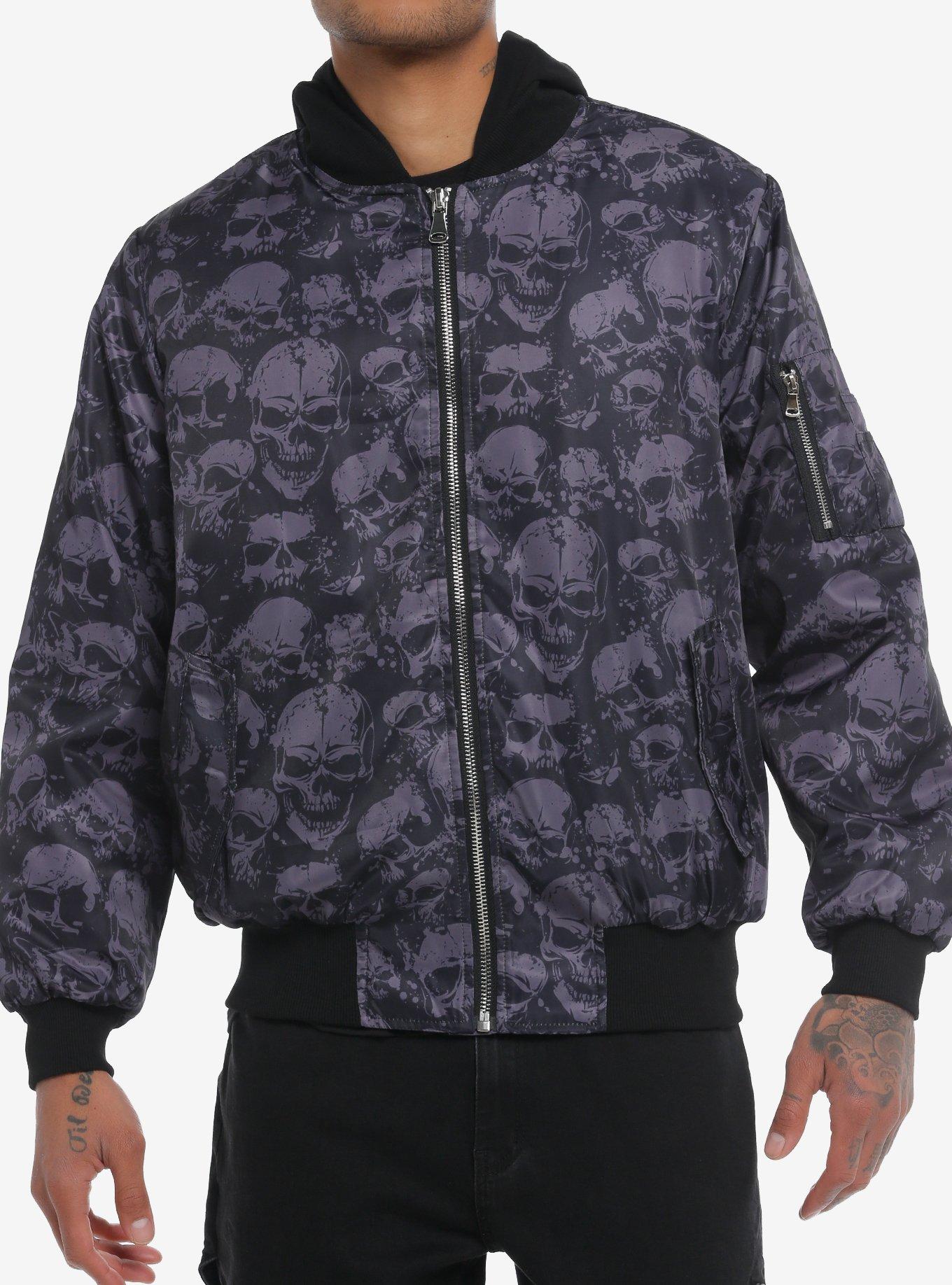 Skulls Allover Hooded Bomber Jacket, BLACK, hi-res