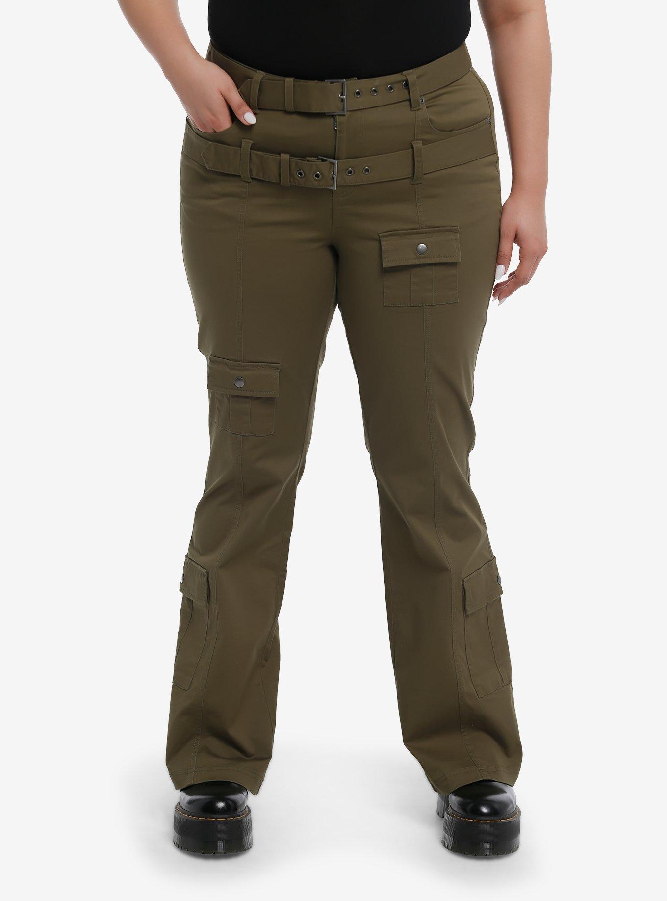 Army Green Double Belt Carpenter Pants Plus Size, GREEN, hi-res