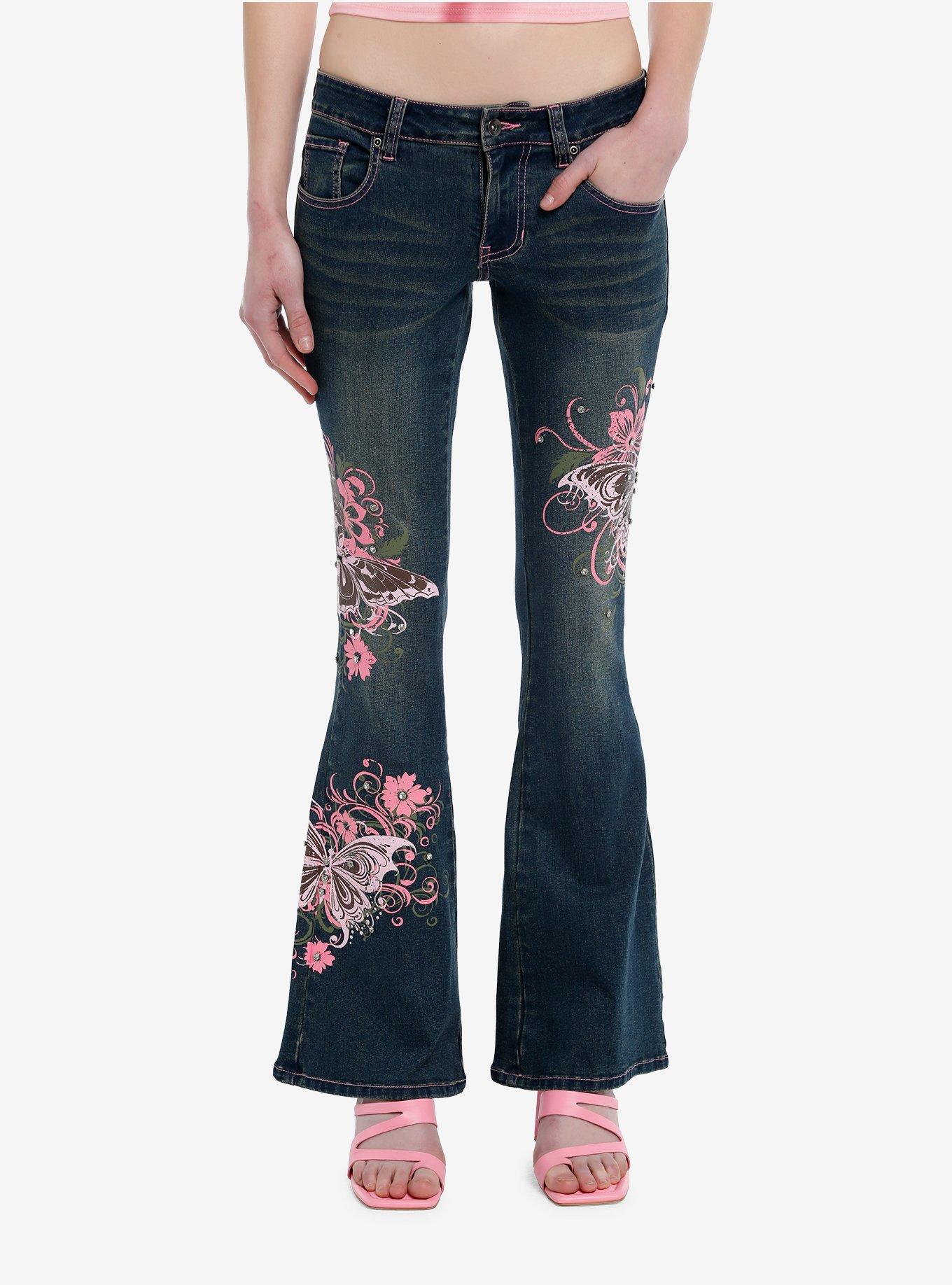 Pink Butterfly Rhinestone Flare Denim Pants, , hi-res