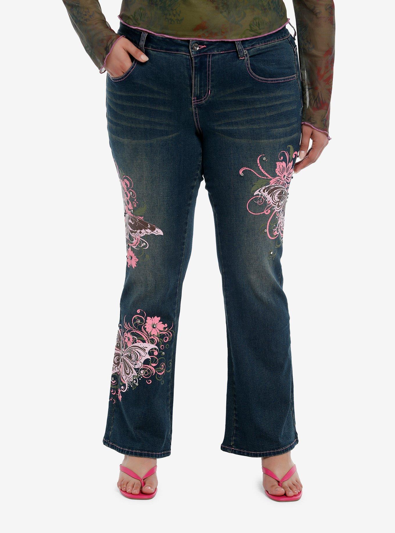 Pink Butterfly Rhinestone Flare Denim Pants Plus Size, , hi-res