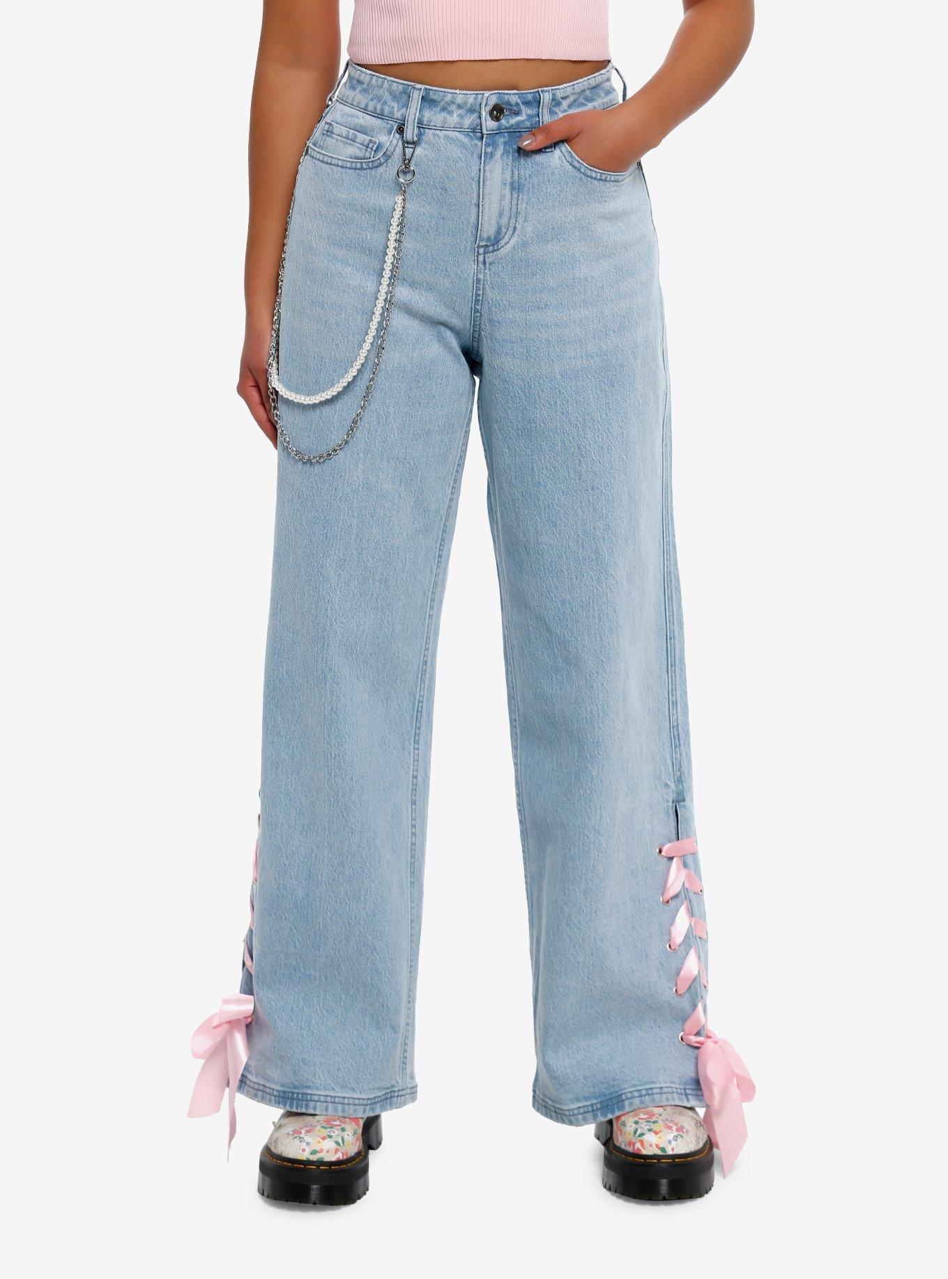 Sweet Society Pink Ribbon Heart Wide Leg Jeans, PINK, hi-res