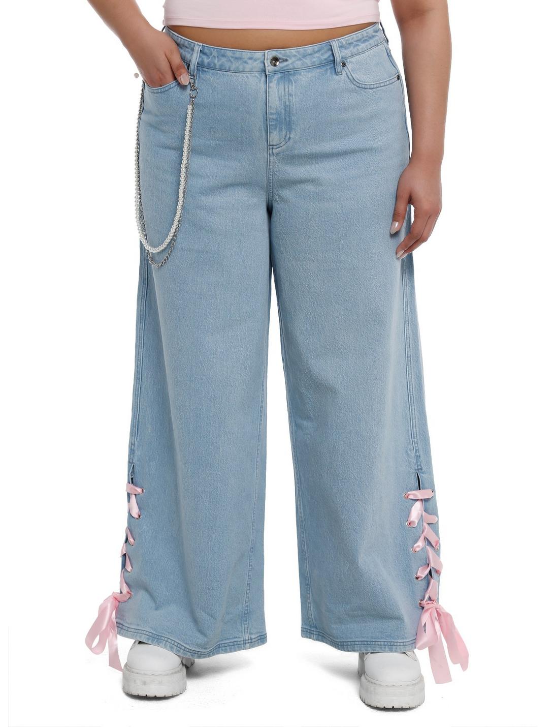 Sweet Society Pink Ribbon Heart Wide Leg Jeans Plus Size, PINK, hi-res