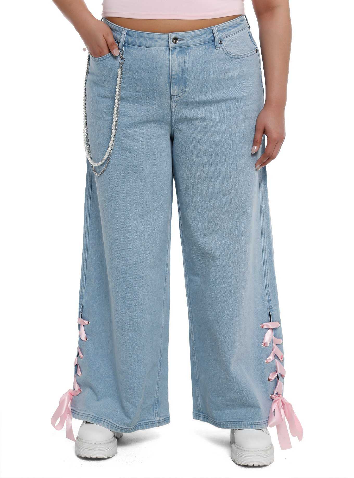Sweet Society Pink Ribbon Heart Wide Leg Jeans Plus Size, , hi-res