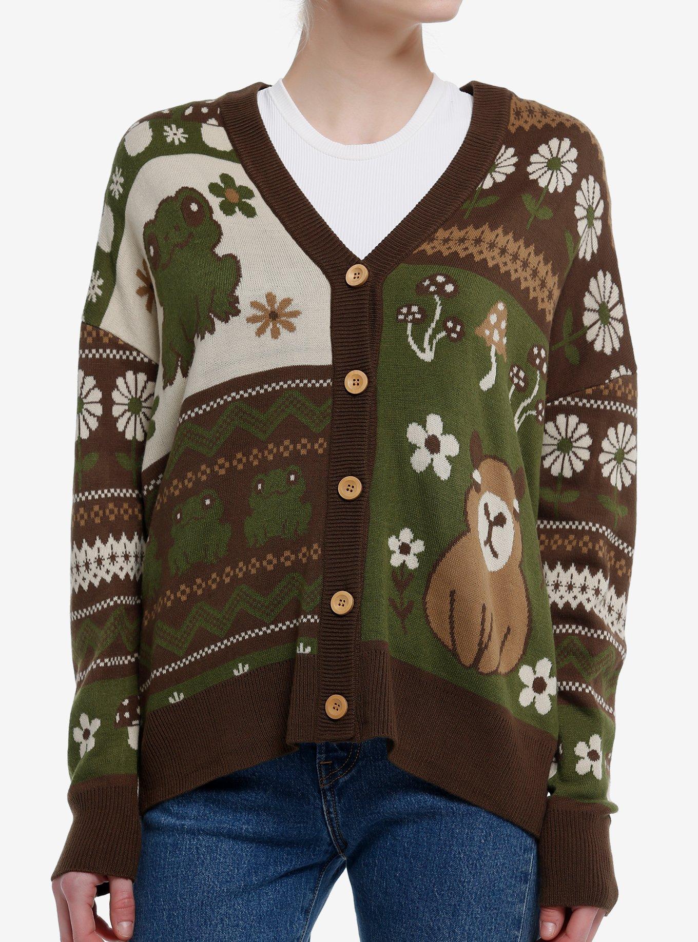Thorn & Fable Forest Capybara Frog Girls Cardigan, GREEN, hi-res