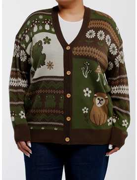 Thorn & Fable Forest Capybara Frog Girls Cardigan Plus Size, , hi-res