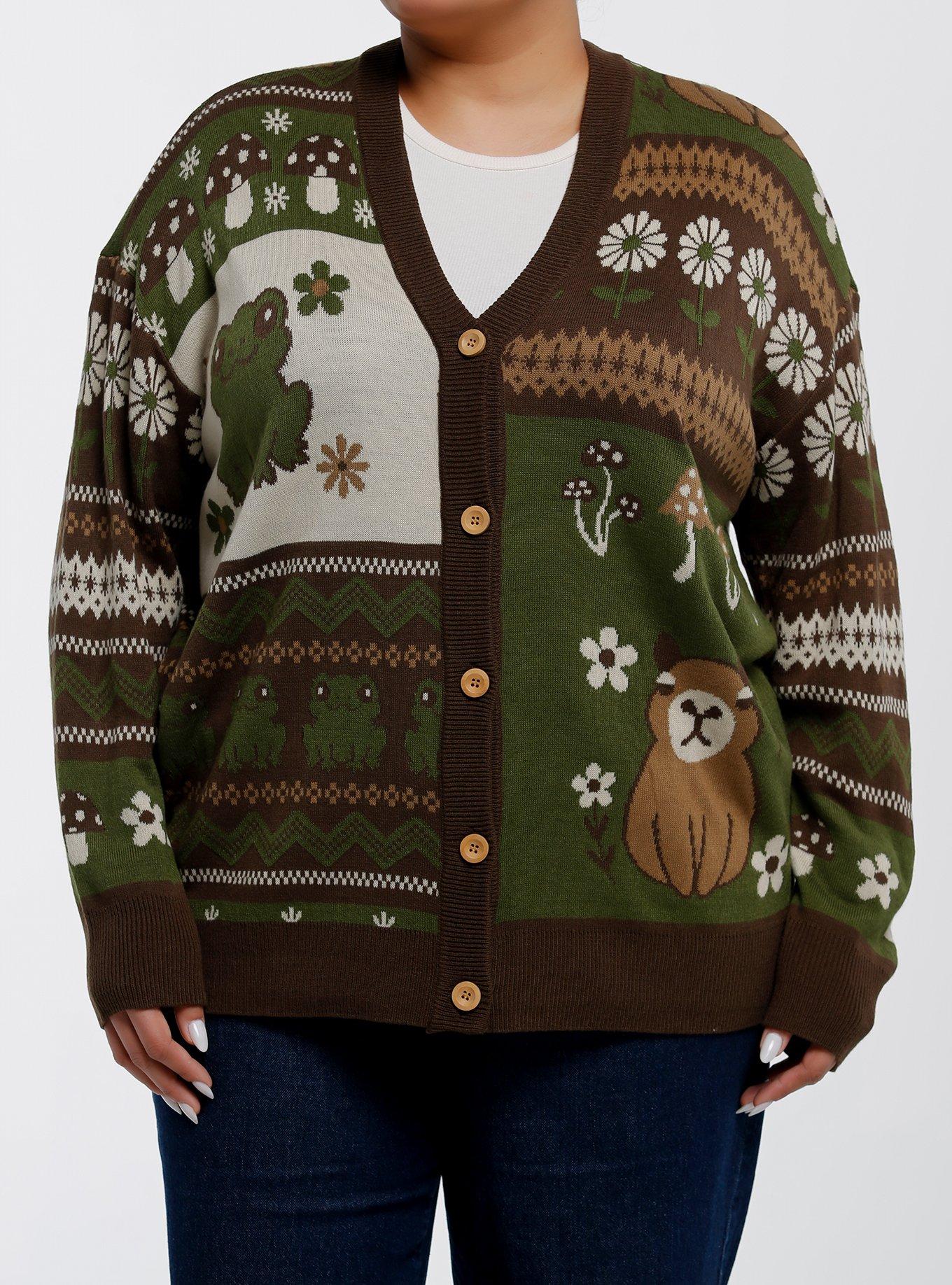 Thorn & Fable Forest Capybara Frog Girls Cardigan Plus Size, GREEN, hi-res