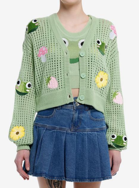 Thorn & Fable Frog Mushroom Flower Girls Crop Tank Top & Cardigan