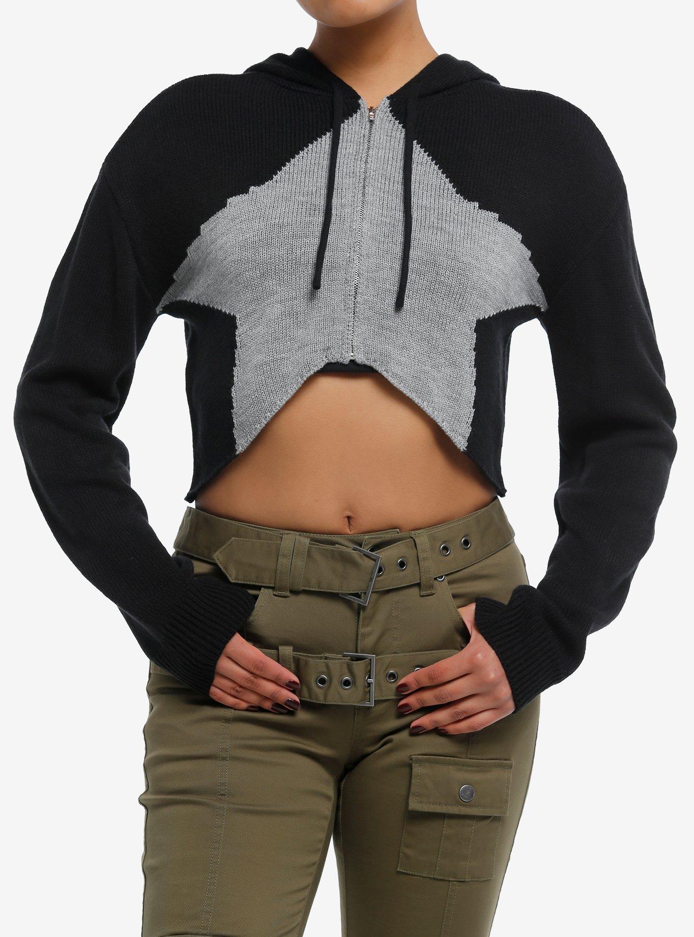 Social Collision® Black & Grey Star Girls Crop Hoodie, GREY, hi-res