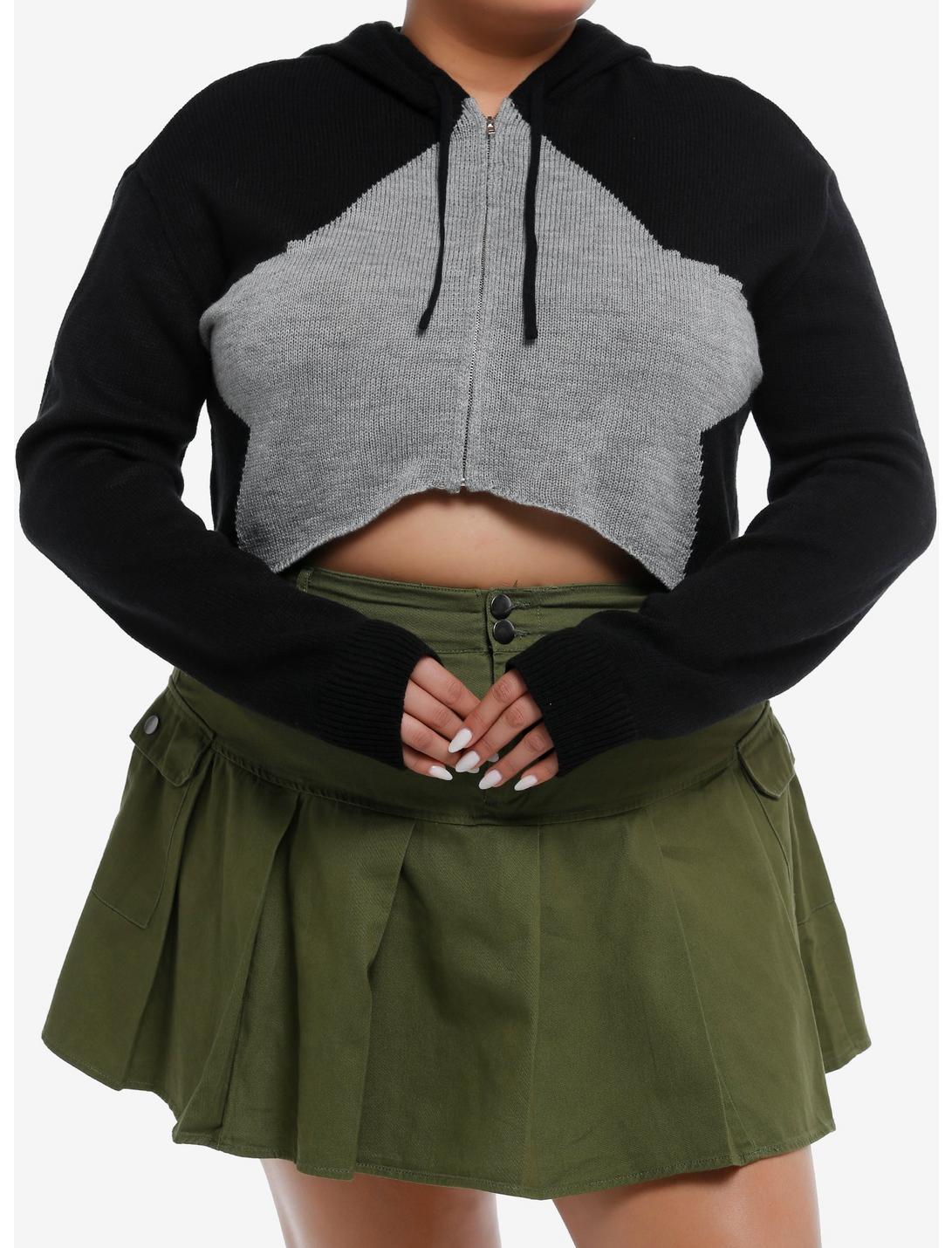 Social Collision® Black & Grey Star Girls Crop Hoodie Plus Size, GREY, hi-res