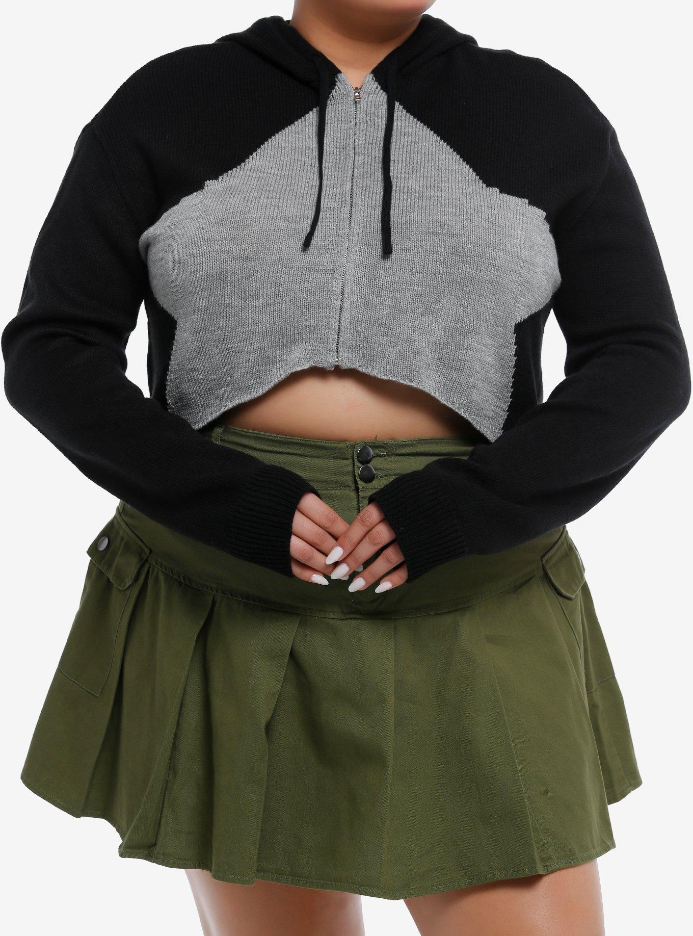 Social Collision® Black & Grey Star Girls Crop Hoodie Plus Size, GREY, hi-res