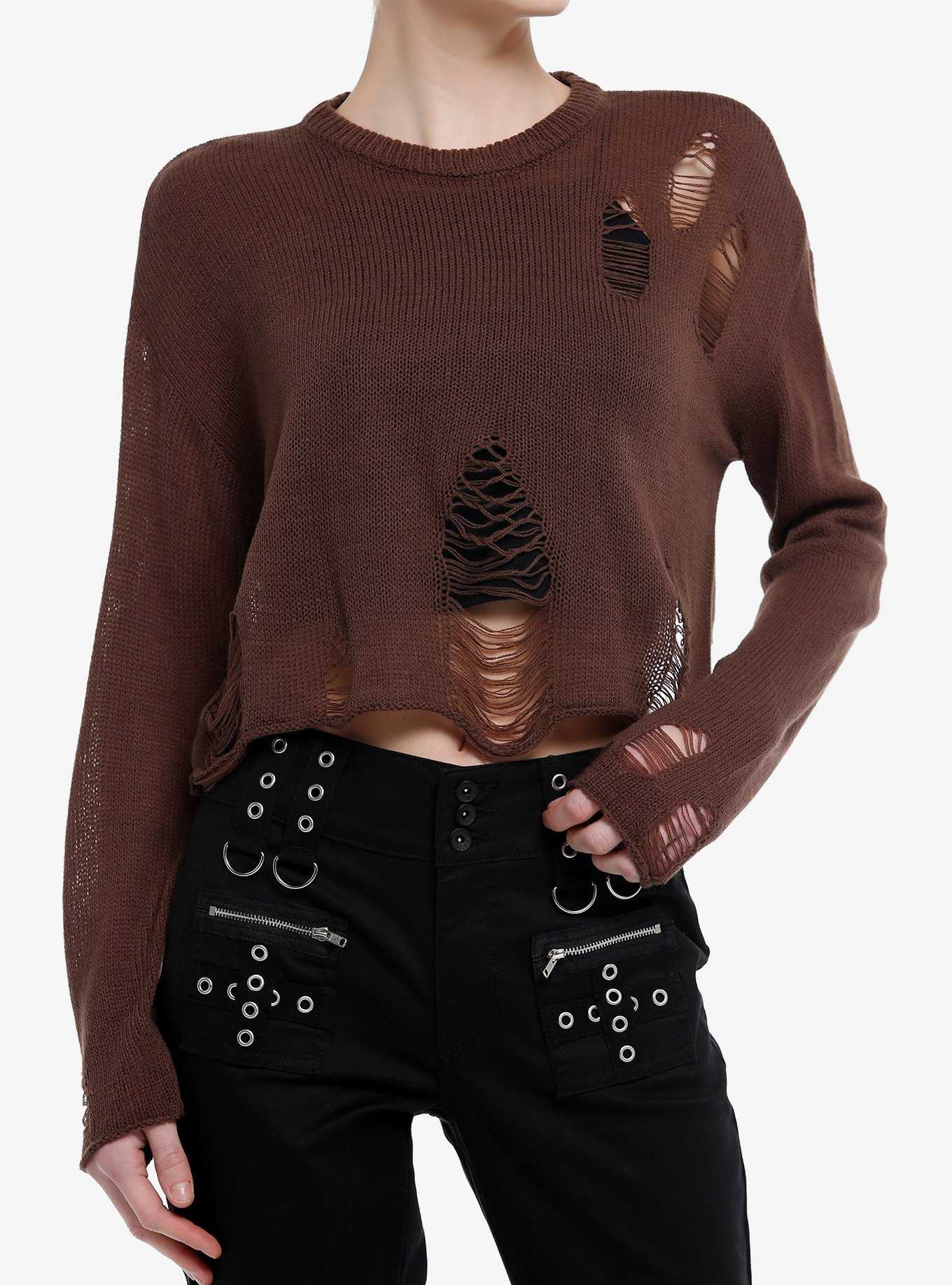 Social Collision® Brown Distressed Girls Crop Sweater, , hi-res