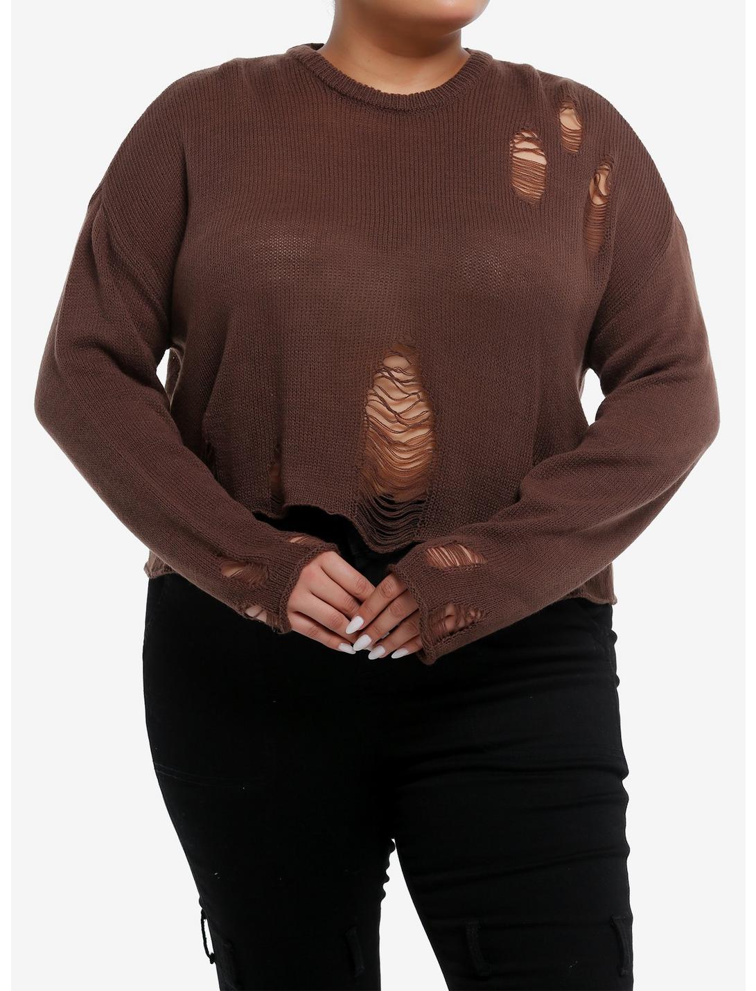 Social Collision® Brown Distressed Girls Crop Sweater Plus Size, BROWN, hi-res