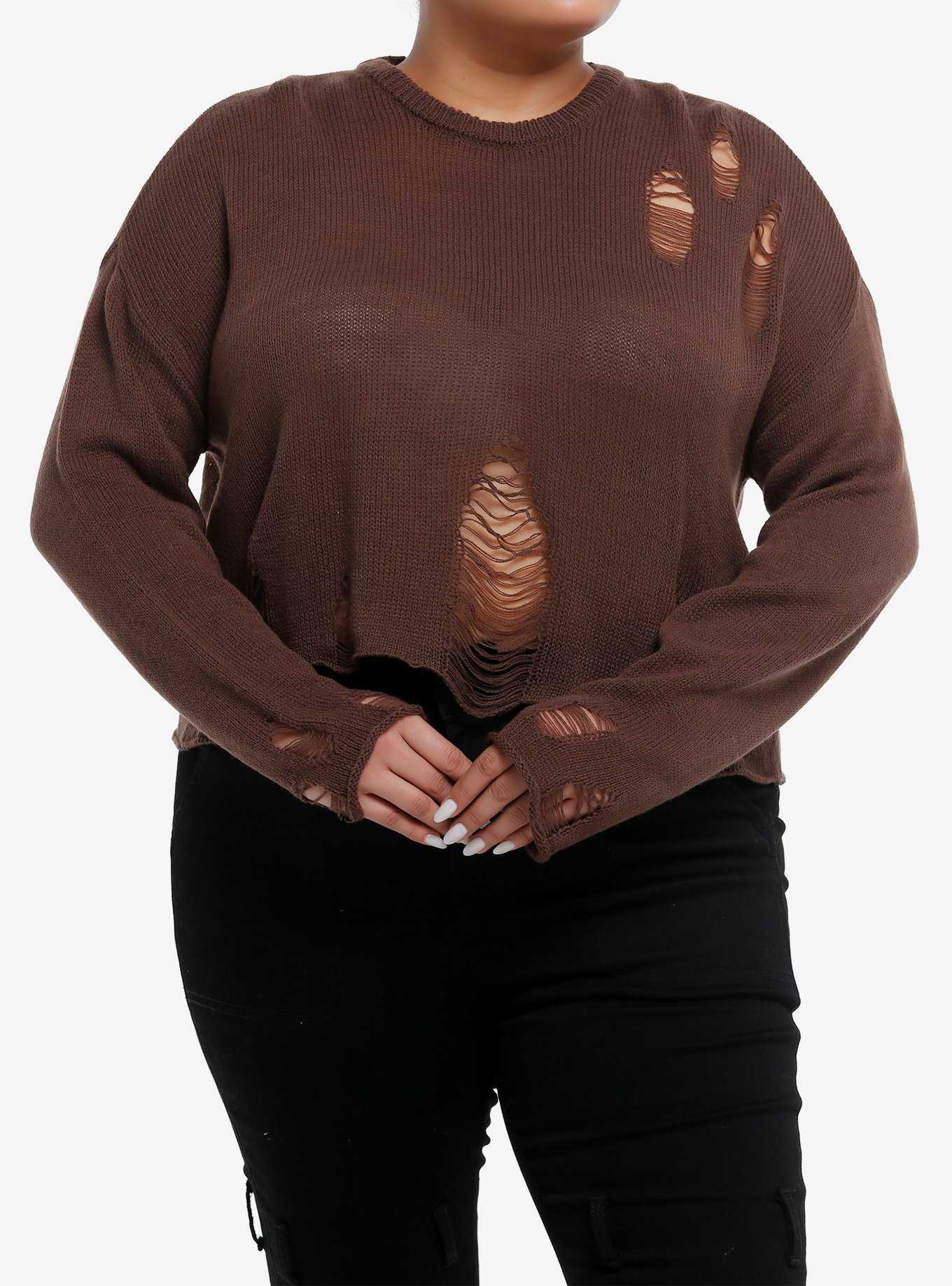 Social Collision® Brown Distressed Girls Crop Sweater Plus Size, , hi-res