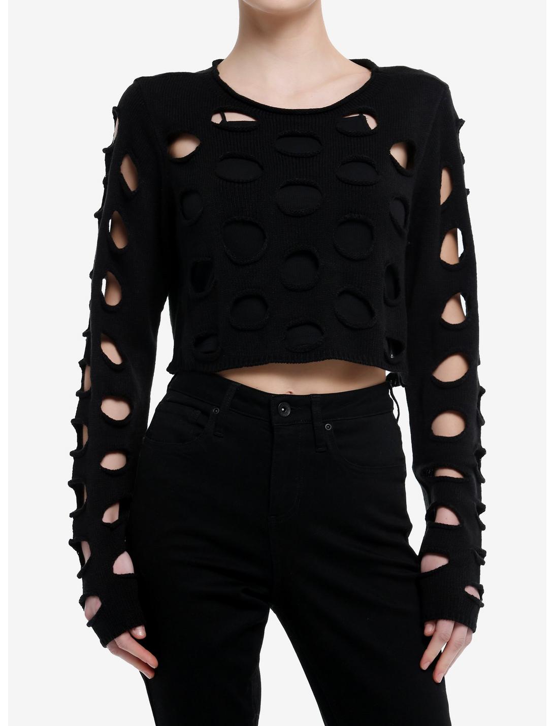 Cosmic Aura Black Cutout Girls Crop Sweater, BLACK, hi-res