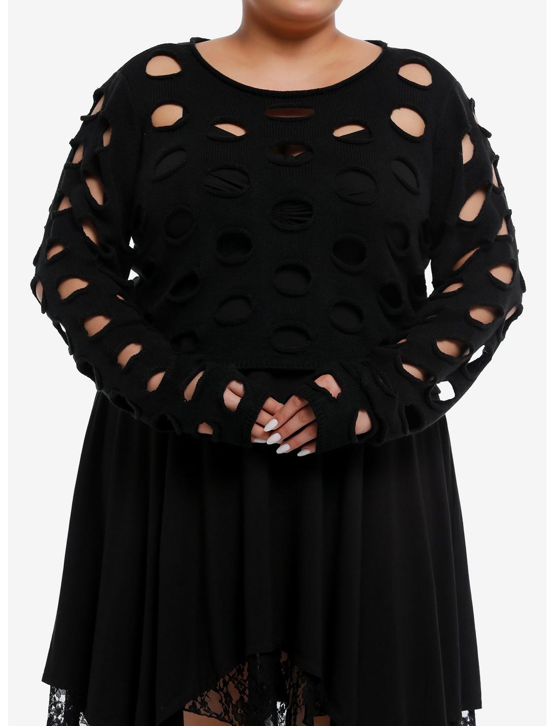 Cosmic Aura Black Cutout Girls Crop Sweater Plus Size, BLACK, hi-res